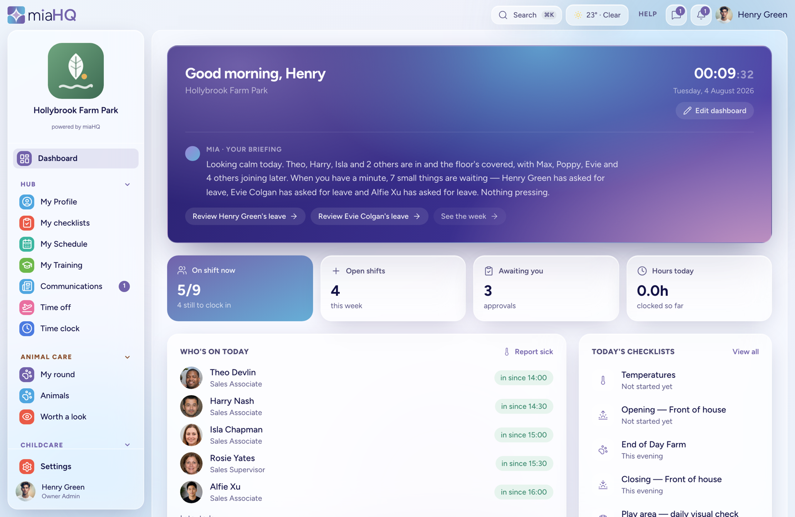 miaHQ dashboard on a desktop